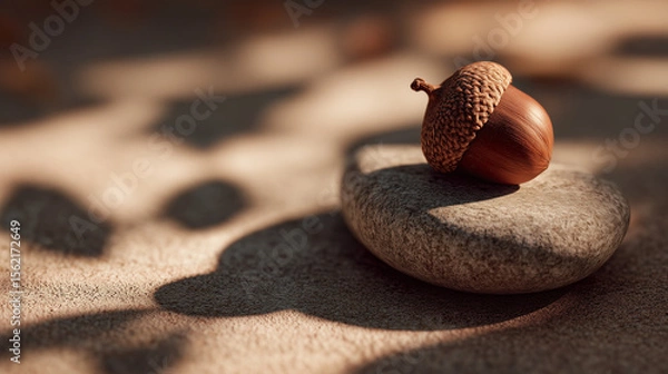 Fototapeta single acorn resting on a flat stone soft shadows