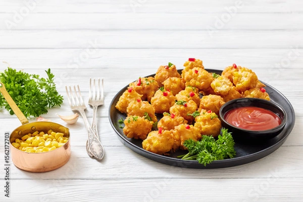 Fototapeta corn nuggets on a plate with tomato sauce