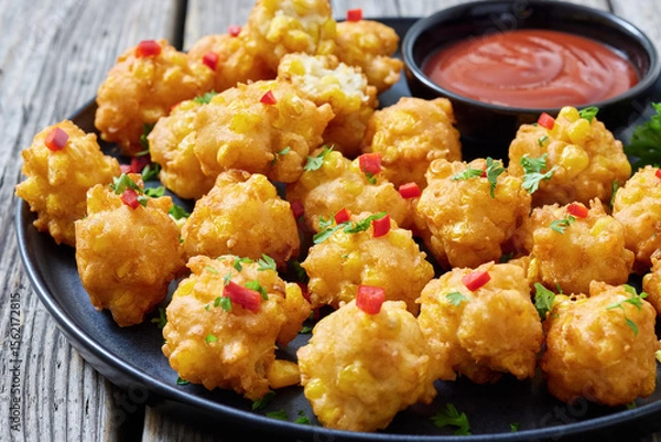 Fototapeta corn nuggets on a plate with tomato sauce