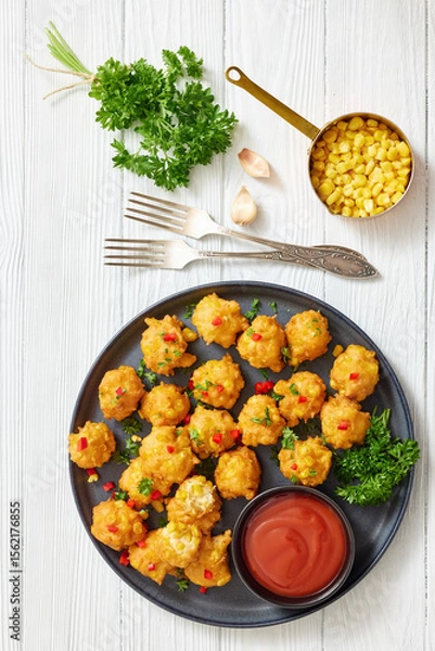Fototapeta corn nuggets on a plate with tomato sauce