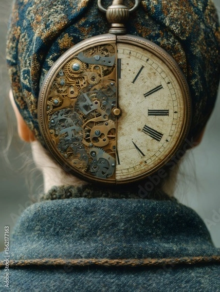 Fototapeta Close up of a steampunk pocket watch attached to a woman's head, showcasing intricate gears and mechanisms alongside a traditional clock face for a unique fashion statement