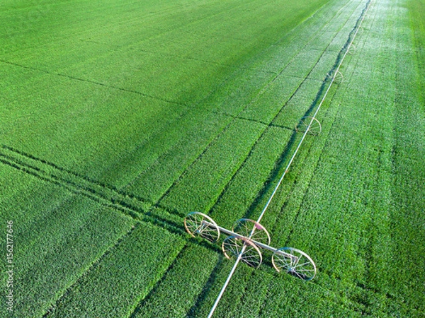 Obraz Aerial View from a Drone Flying above Green Farm Field Growing Crops Irrigation Pivot Sprinklers