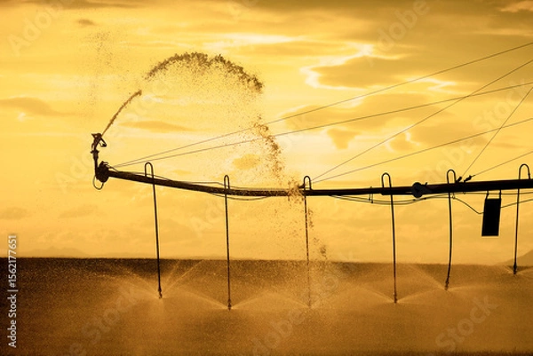 Fototapeta Farming Sprinklers in Field Irrigation and Watering of Crops Pivots Pivot Lines