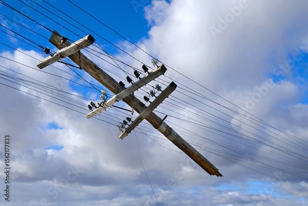 Obraz Broken Power Pole Dangling from Power Lines Powerlines Blue Sky