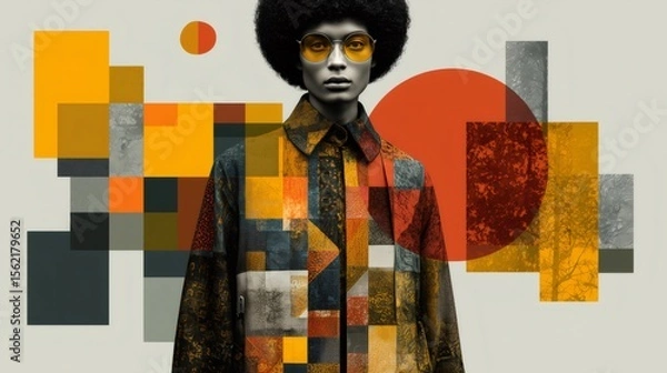 Fototapeta Fashion model wearing digitally enhanced clothing with colorful geometric pattern posing in front of an abstract background with orange circles and pixel squares