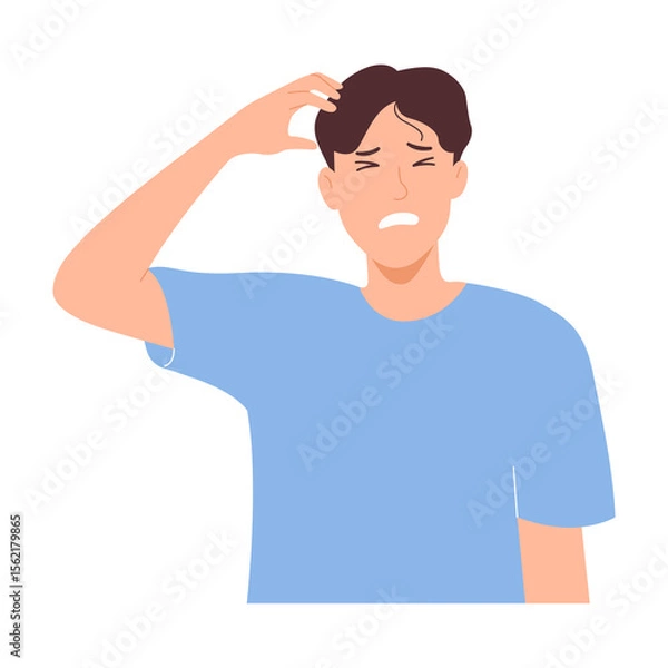 Fototapeta Man Scratching Head Itching Itchy Scalp. Discomfort, Annoyed, Frustrated, Worried, Uncomfortable Stress, confusion, Thoughtful. Vector illustration on white background.