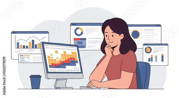 Fototapeta Data analysis concept with woman using computer for business insights in flat vector illustration
