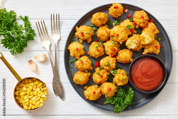 Fototapeta corn nuggets on a plate with tomato sauce