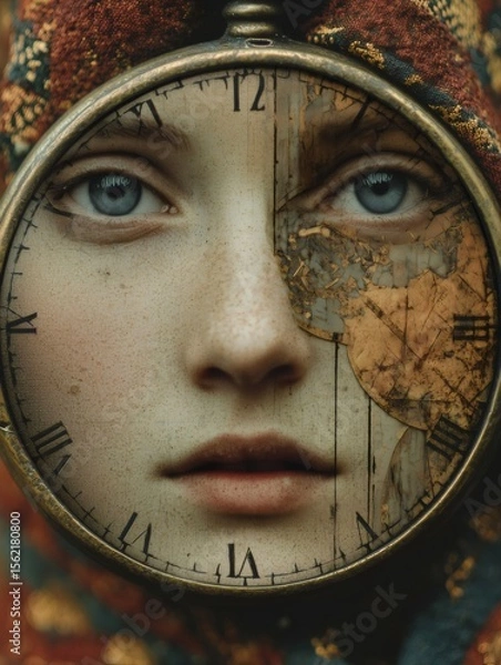 Fototapeta Surreal image depicting a woman's face partially obscured by an antique pocket watch, symbolizing the passage of time and the inevitable decay of beauty