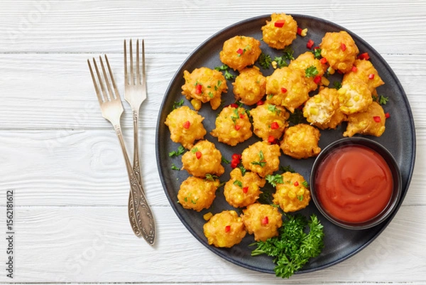 Fototapeta corn nuggets on a plate with tomato sauce