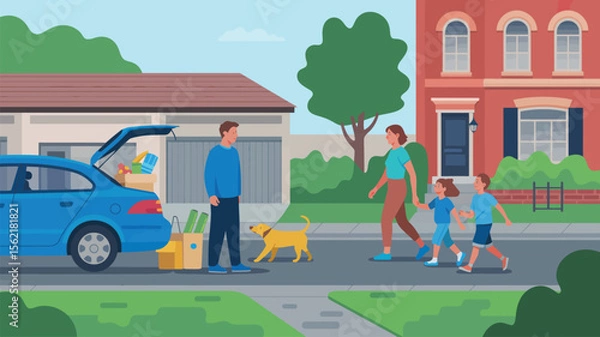 Fototapeta Family unloading groceries from car in suburban neighborhood with dog and child, depicting daily life, homecoming, and modern lifestyle