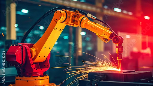 Fototapeta Industrial Robotic Arm Performing Precision Laser Welding with Sparks in Modern Factory.