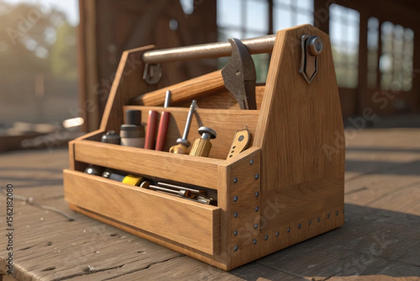 Fototapeta Wooden Toolbox with Various Hand Tools on Rustic Workbench in Sunlight.