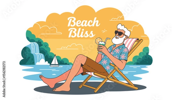 Fototapeta Elderly man relaxing on a beach chair with sunglasses and drink, enjoying a sunny seaside vacation with cliffs, ocean, and leisure vibes