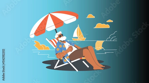 Fototapeta Elderly man relaxing on a beach chair with sunglasses and drink, enjoying a sunny seaside vacation with cliffs, ocean, and leisure vibes