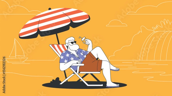 Fototapeta Elderly man relaxing on a beach chair with sunglasses and drink, enjoying a sunny seaside vacation with cliffs, ocean, and leisure vibes