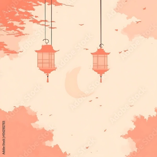Fototapeta Pastel-toned sky with hanging lanterns and crescent moon.  Soft lighting and peaceful ambiance