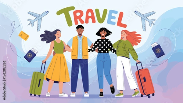 Fototapeta Group of travelers with suitcases ready for a journey, surrounded by colorful travel icons, airplanes, passports, and a bold “TRAVEL” heading