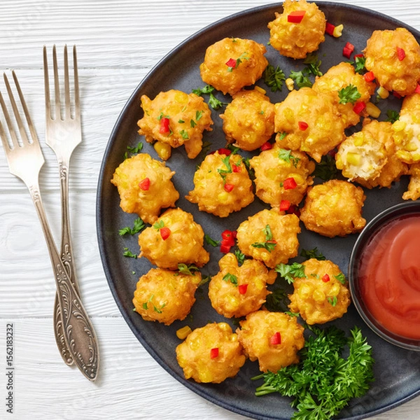 Fototapeta corn nuggets on a plate with tomato sauce