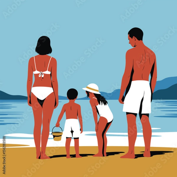 Fototapeta Family enjoying a sunny beach day with children playing in the sand and adults watching, with ocean waves and mountains in the background