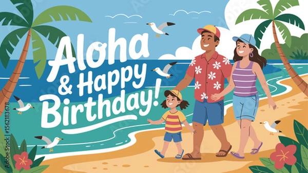 Fototapeta Cheerful beach scene with family walking along shore in tropical outfits, waving with palm trees, ocean waves, and aloha birthday message