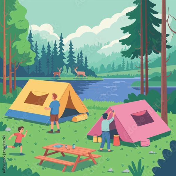 Fototapeta Forest camping scene with family near colorful tents, picnic table, lake, and two deer under partly cloudy sky and mountain backdrop