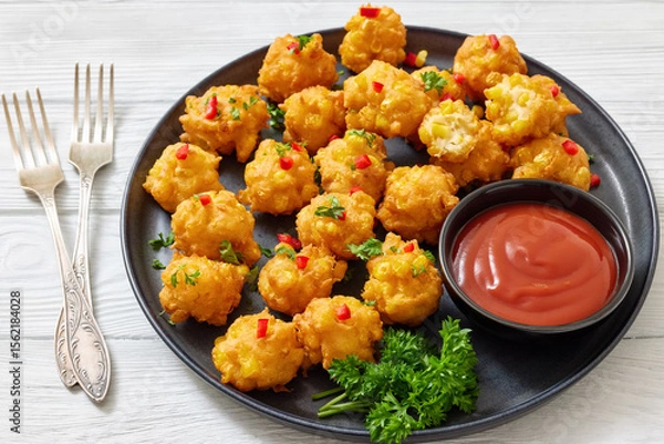 Fototapeta corn nuggets on a plate with tomato sauce