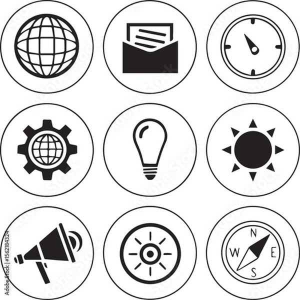 Fototapeta Global Business and Communication Circular Icons Set