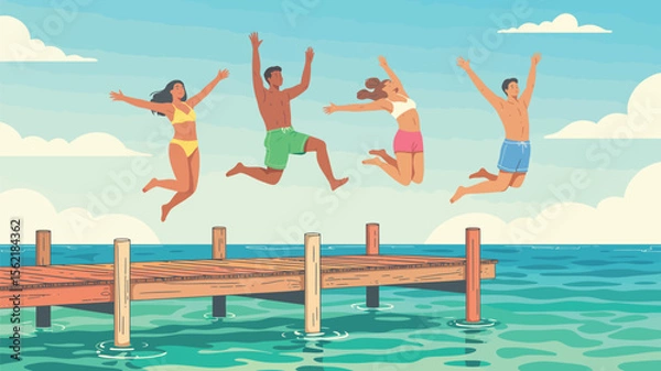 Fototapeta group of people joyfully jumping off a wooden dock into the sea against a blue sky, capturing carefree summer fun and seaside adventure