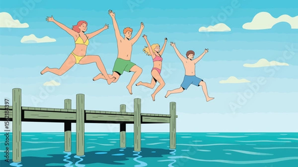 Fototapeta group of friends leaping joyfully off a wooden pier into the sea on a sunny day, celebrating youth, freedom, and shared summer adventure