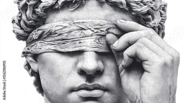 Fototapeta Artistic portrait of a blindfolded man holding a cloth over his eyes, showcasing emotion and depth.