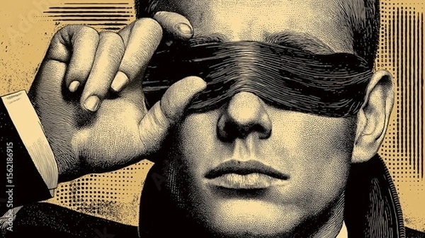 Fototapeta A stylized illustration of a man with a blindfold, conveying mystery and intrigue.