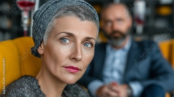 Fototapeta A contemplative woman with gray hair and a headscarf, seated in a cozy setting with a blurred man in the background.