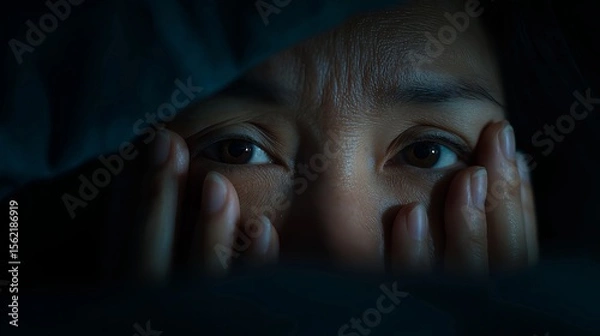 Fototapeta A woman with worried eyes, hands on her face, expressing anxiety in a dimly lit setting.