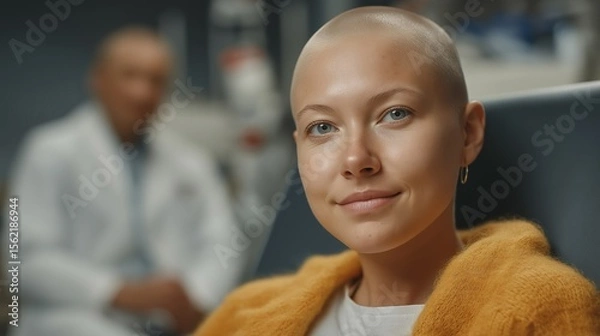 Fototapeta Young woman with a shaved head smiling, seated in a medical environment with a doctor in the background.