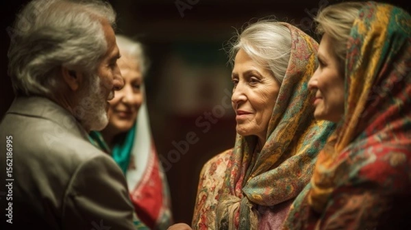 Fototapeta Group of elderly individuals in traditional attire, smiling and interacting warmly