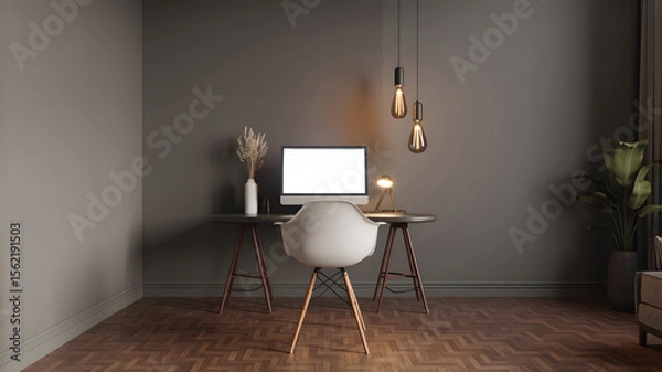 Fototapeta Modern minimalist home office with a white computer, stylish lighting, and a chic chair for a comfortable workspace.