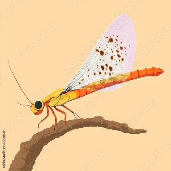 Fototapeta Dragonfly Illustration Art: Detailed Abstract Design of Orange and Yellow Insect Wings on Branch in Nature