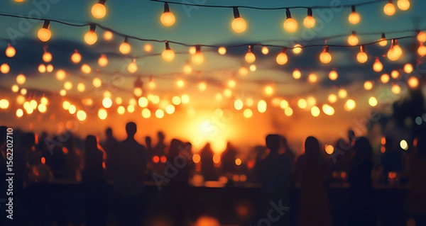 Fototapeta String lights creating warm ambiance over outdoor evening dinner setting