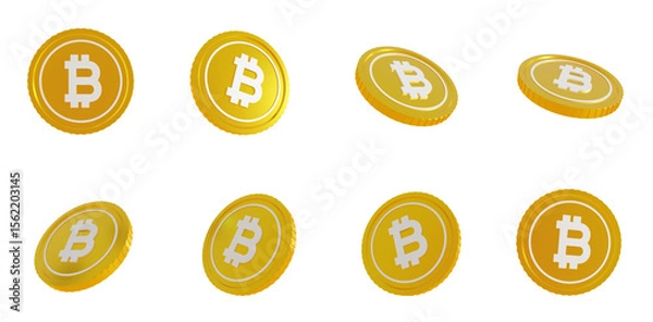 Fototapeta Bitcoin gold coin in 3D, rotating at different angles. BTC crypto currency. Black and gold flying tokens. Crypto investment, cryptocurrency, digital finance, new economy.