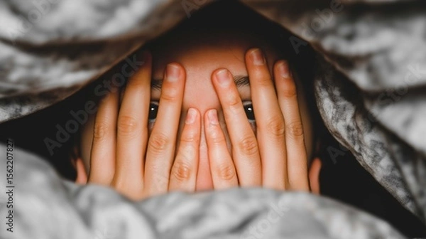 Obraz Close-Up Of Young Woman Suffering From Photophobia, Lying In Bed With Face Covered, Avoiding Light Due To Headache, Pain, And Light Sensitivity Symptoms