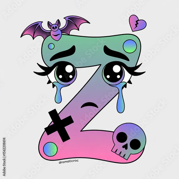 Obraz Cute, Sad Letter Z with Bats, a Broken Heart, and Skull Decorated with Gradient Colors
