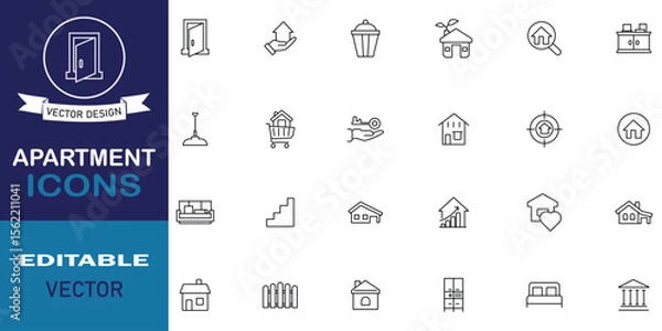 Fototapeta Apartment icon set. Set of public building icon, house, hotel, door, key, architecture, property, construction, real estate and more. Set of 24 line icons related to apartment. Vector illustration.