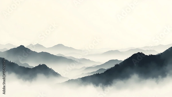 Fototapeta Minimal Japanese Ink Landscape with Rolling Hills and Gentle Mist