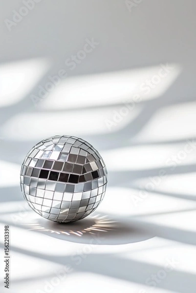 Fototapeta Shiny disco ball on white background, illuminated by natural light, creating dynamic shadows