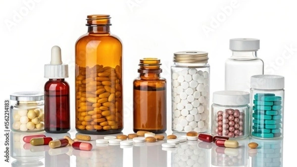 Fototapeta Assortment of medicine bottles and capsules displayed on a reflective surface