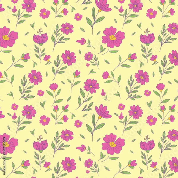 Fototapeta Seamless floral pattern with pink hand drawn summer flowers and green leaves on soft yellow background for fabric textile and wallpaper.