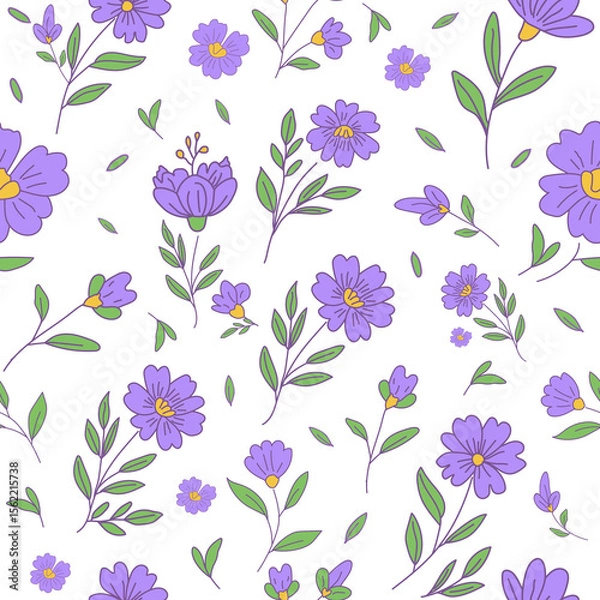 Fototapeta Floral summer pattern PNG with pink wildflowers and green leaves on transparent background for textile fabric and digital design.