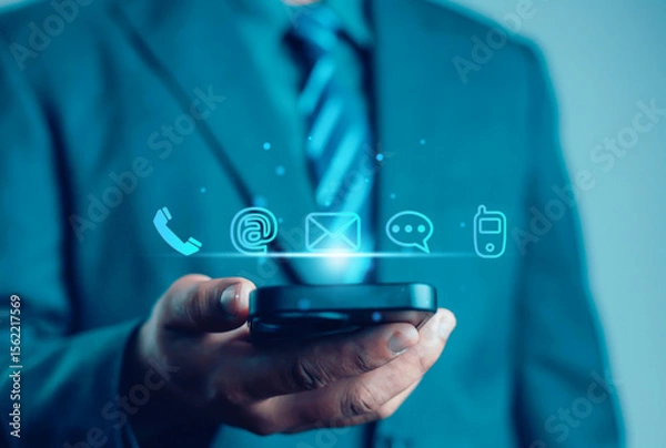 Fototapeta Businessman icons (address, phone, email, mobile, call) contact customer support, email website help, business contact service digital technology, contact us, 24 hours online customer service center c