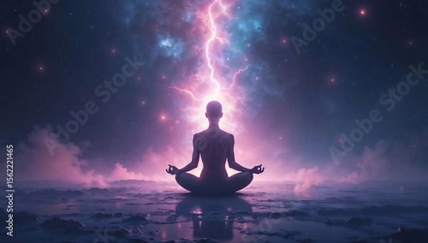 Fototapeta A meditating silhouette channels epic cosmic energy from a powerful celestial storm, a concept of mindfulness and inner strength